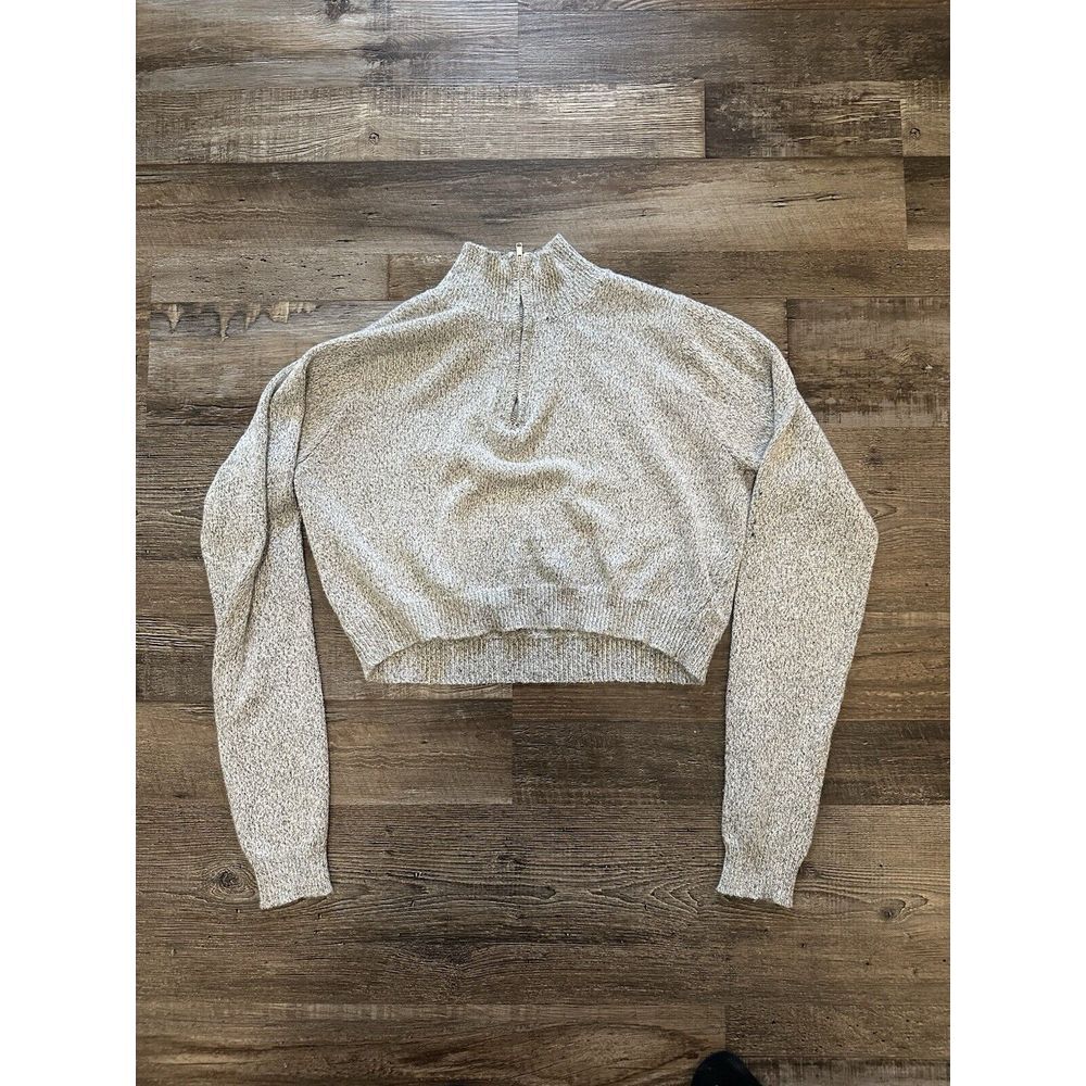 Brandy Melville Cropped Sweater Top Womens XS-S Grey Knit Fitted Zip Long Sleeve
